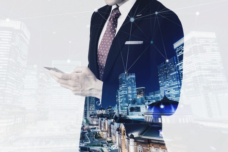 Business man using smart phone, double exposure effect
